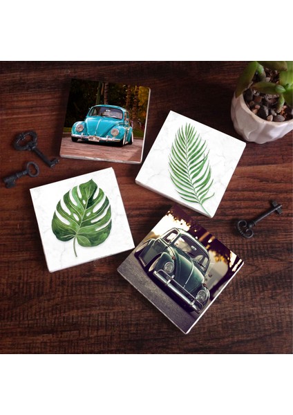 Yaprak, Vosvos Araba Taş Bardak Altlığı Masaüstü Koruyucu Altlık 4 Parça Set 10x10cm Stone Coasters SC364