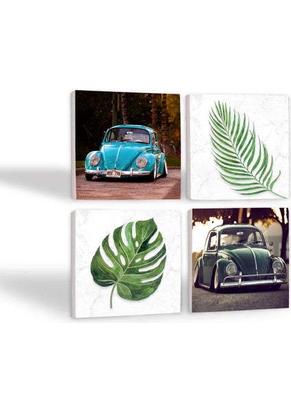Yaprak, Vosvos Araba Taş Bardak Altlığı Masaüstü Koruyucu Altlık 4 Parça Set 10x10cm Stone Coasters SC364