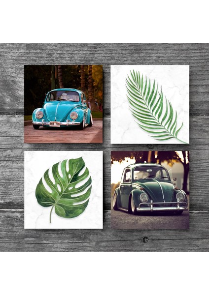 Yaprak, Vosvos Araba Taş Bardak Altlığı Masaüstü Koruyucu Altlık 4 Parça Set 10x10cm Stone Coasters SC364