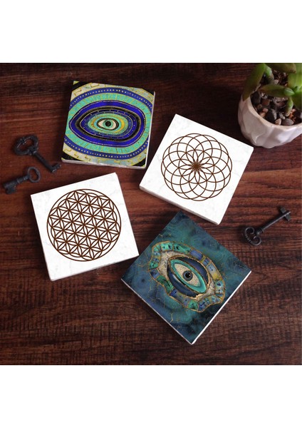 Stone Nazar, Yaşam Çiçeği Taş Bardak Altlığı – 4’lü Set, 10x10 cm Dekoratif Masaüstü Koruyucu Doğaltaş Altlık |SC168|