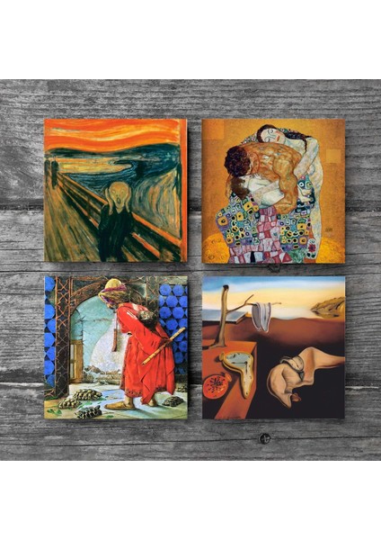 Dalí Belleğin Azmi, Çığlık, Gustav Klimt Aile Kucaklama, Kaplumbağa Terbiyecisi Taş Bardak Altlığı Masaüstü Koruyucu Altlık 4 Parça Set 10x10cm Stone Coasters SC563 modelleri