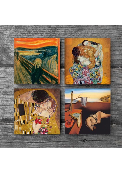 Salvador Dalí Belleğin Azmi, Çığlık, Gustav Klimt Aile Kucaklama, Öpücük Taş Bardak Altlığı Masaüstü Koruyucu Altlık 4 Parça Set 10x10cm Stone Coasters SC565 modelleri