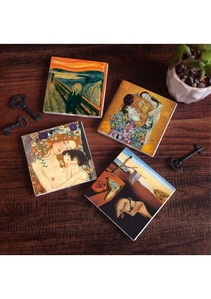 Salvador Dalí Belleğin Azmi, Çığlık, Gustav Klimt Aile Kucaklama, Anne Çocuk Taş Bardak Altlığı – 4’lü Set, 10x10 cm Dekoratif Masaüstü Koruyucu Doğaltaş Altlık |SC566|