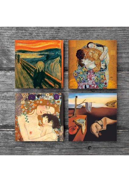 Salvador Dalí Belleğin Azmi, Çığlık, Gustav Klimt Aile Kucaklama, Anne Çocuk Taş Bardak Altlığı – 4’lü Set, 10x10 cm Dekoratif Masaüstü Koruyucu Doğaltaş Altlık |SC566| modelleri