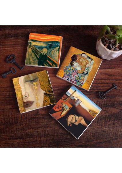 Dalí Belleğin Azmi, Çığlık, Gustav Klimt Aile Kucaklama, Altın Gözyaşları Taş Bardak Altlığı Masaüstü Koruyucu Altlık 4 Parça Set 10x10cm Stone Coasters SC567