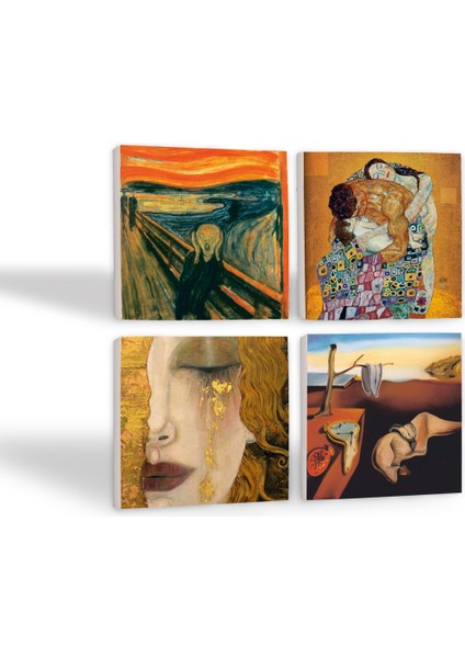 Dalí Belleğin Azmi, Çığlık, Gustav Klimt Aile Kucaklama, Altın Gözyaşları Taş Bardak Altlığı Masaüstü Koruyucu Altlık 4 Parça Set 10x10cm Stone Coasters SC567
