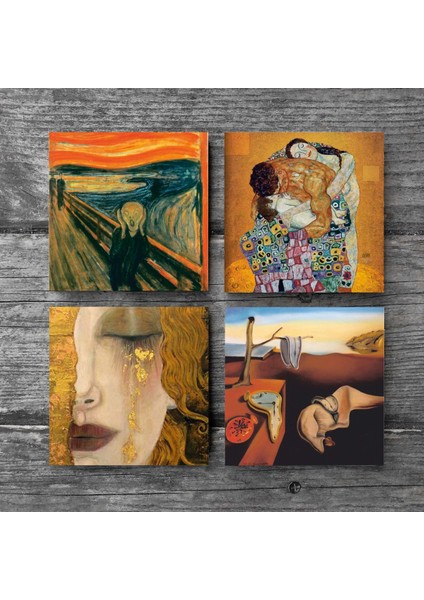 Dalí Belleğin Azmi, Çığlık, Gustav Klimt Aile Kucaklama, Altın Gözyaşları Taş Bardak Altlığı Masaüstü Koruyucu Altlık 4 Parça Set 10x10cm Stone Coasters SC567