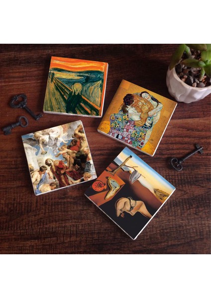 Dalí Belleğin Azmi, Çığlık, Gustav Klimt Aile Kucaklama, Aziz Stephen Üçlemesi Taş Bardak Altlığı Masaüstü Koruyucu Altlık 4 Parça Set 10x10cm Stone Coasters SC568