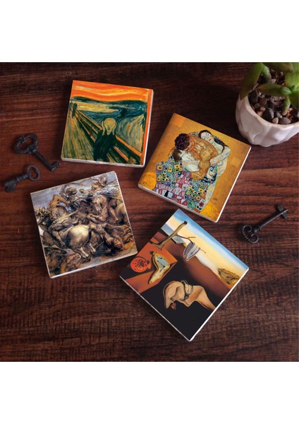 Salvador Dalí Belleğin Azmi, Çığlık, Gustav Klimt Aile Kucaklama, Anghiari Savaşı Taş Bardak Altlığı Masaüstü Koruyucu Altlık 4 Parça Set 10x10cm Stone Coasters SC569