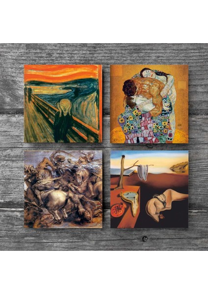 Salvador Dalí Belleğin Azmi, Çığlık, Gustav Klimt Aile Kucaklama, Anghiari Savaşı Taş Bardak Altlığı Masaüstü Koruyucu Altlık 4 Parça Set 10x10cm Stone Coasters SC569 modelleri