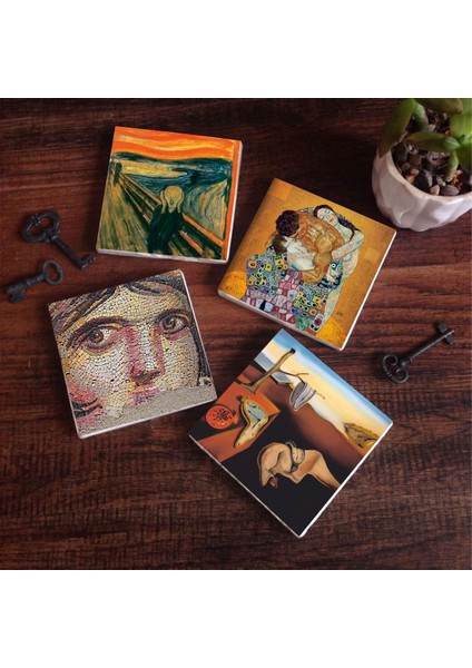 Dalí Belleğin Azmi, Çığlık, Çingene Kızı Mozaiği, Gustav Klimt Aile Kucaklama Taş Bardak Altlığı – 4’lü Set, 10x10 cm Dekoratif Masaüstü Koruyucu Doğaltaş Altlık |SC572|