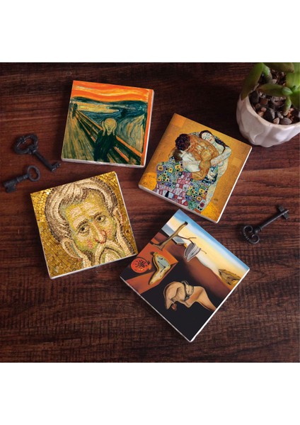 Stone Salvador Dalí Belleğin Azmi, Çığlık, Mozaik Serisi, Gustav Klimt Aile Kucaklama Taş Bardak Altlığı – 4’lü Set, 10x10 cm Dekoratif Masaüstü Koruyucu Doğaltaş Altlık |SC574|