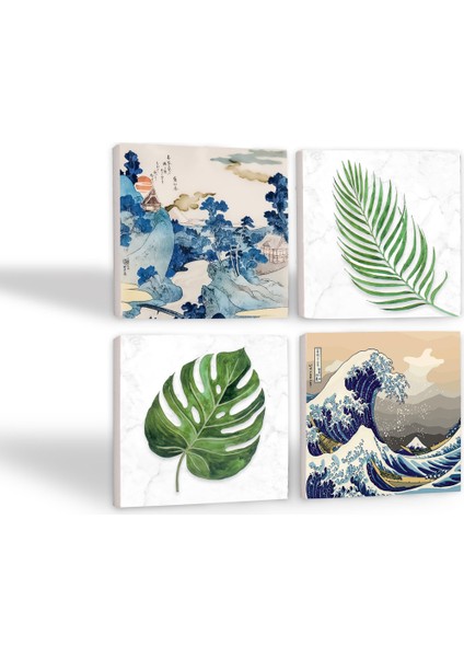 Stone Fuji Dağı Japon Sanatı, Büyük Dalga, Yaprak Taş Bardak Altlığı – 4’lü Set, 10x10 cm Dekoratif Masaüstü Koruyucu Doğaltaş Altlık |SC367| fiyatları