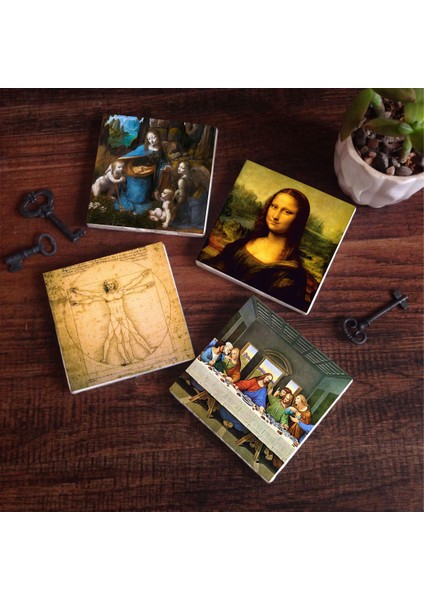 Da Vinci Son Akşam Yemeği, Kayalıklar Bakiresi, Mona Lisa, Vitruvius Adamı Taş Bardak Altlığı – 4’lü Set, 10x10 cm Dekoratif Masaüstü Koruyucu Doğaltaş Altlık |SC171|