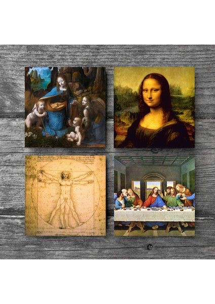 Da Vinci Son Akşam Yemeği, Kayalıklar Bakiresi, Mona Lisa, Vitruvius Adamı Taş Bardak Altlığı – 4’lü Set, 10x10 cm Dekoratif Masaüstü Koruyucu Doğaltaş Altlık |SC171| modelleri