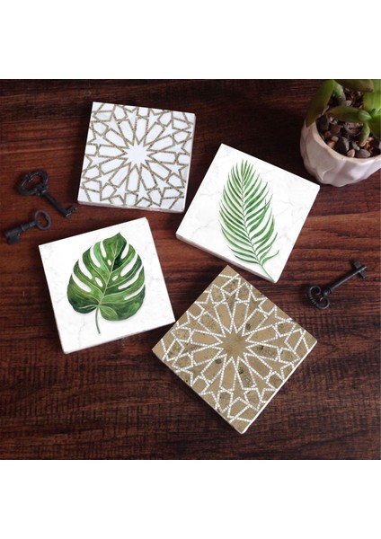 Etnik Desen, Yaprak Taş Bardak Altlığı – 4’lü Set, 10x10 cm Dekoratif Masaüstü Koruyucu Doğaltaş Altlık |SC368|