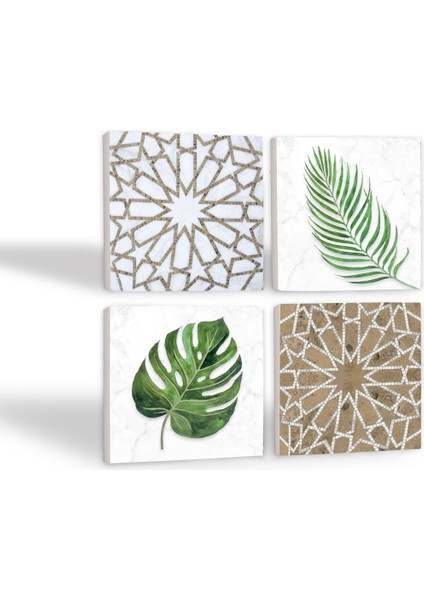 Etnik Desen, Yaprak Taş Bardak Altlığı – 4’lü Set, 10x10 cm Dekoratif Masaüstü Koruyucu Doğaltaş Altlık |SC368| fiyatları