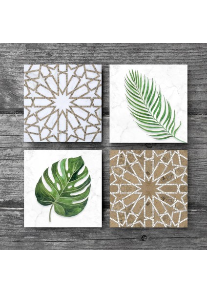 Etnik Desen, Yaprak Taş Bardak Altlığı – 4’lü Set, 10x10 cm Dekoratif Masaüstü Koruyucu Doğaltaş Altlık |SC368| modelleri
