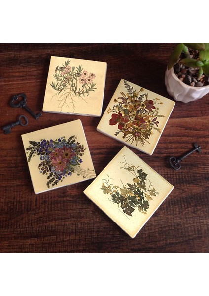 Stone Vintage Çiçek Taş Bardak Altlığı – 4’lü Set, 10x10 cm Dekoratif Masaüstü Koruyucu Doğaltaş Altlık |SC172|