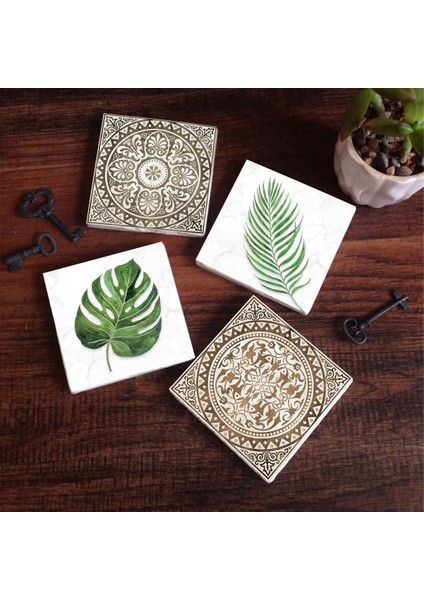 Stone Etnik Desen, Yaprak Taş Bardak Altlığı – 4’lü Set, 10x10 cm Dekoratif Masaüstü Koruyucu Doğaltaş Altlık |SC369|