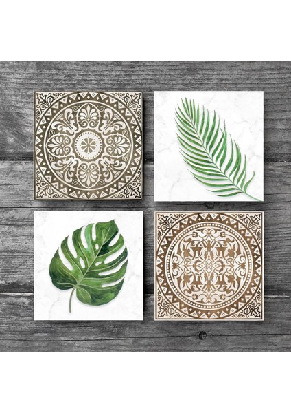 Stone Etnik Desen, Yaprak Taş Bardak Altlığı – 4’lü Set, 10x10 cm Dekoratif Masaüstü Koruyucu Doğaltaş Altlık |SC369| modelleri
