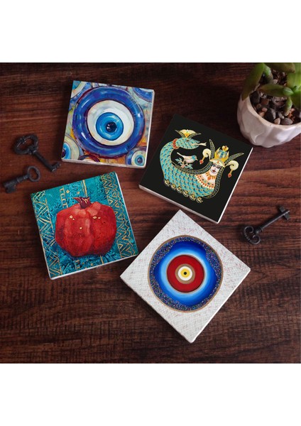 Nazar, Şahmeran, Nar Taş Bardak Altlığı – 4’lü Set, 10x10 cm Dekoratif Masaüstü Koruyucu Doğaltaş Altlık |SC371|