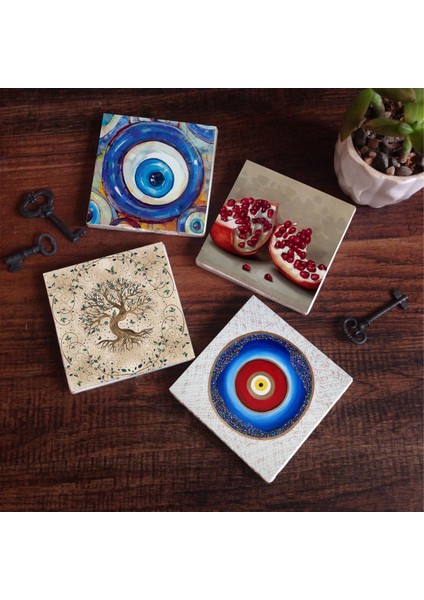 Nazar, Hayat Ağacı, Nar Taş Bardak Altlığı Masaüstü Koruyucu Altlık 4 Parça Set 10x10cm Stone Coasters SC372