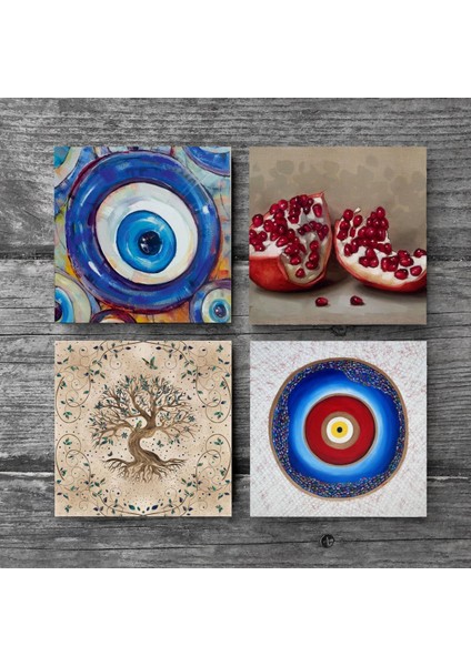 Nazar, Hayat Ağacı, Nar Taş Bardak Altlığı Masaüstü Koruyucu Altlık 4 Parça Set 10x10cm Stone Coasters SC372 modelleri