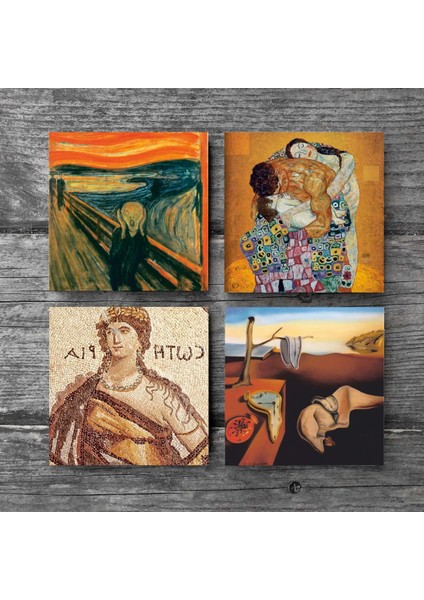 Salvador Dalí Belleğin Azmi, Çığlık, Soteria Mozaiği, Gustav Klimt Aile Kucaklama Taş Bardak Altlığı – 4’lü Set, 10x10 cm Dekoratif Masaüstü Koruyucu Doğaltaş Altlık |SC575| modelleri