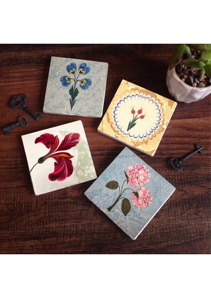 Ebru Sanatı, Pembe Ortanca Çiçeği, Lale Taş Bardak Altlığı Masaüstü Koruyucu Altlık 4 Parça Set 10x10cm Stone Coasters SC576