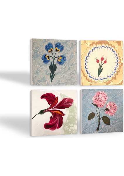 Ebru Sanatı, Pembe Ortanca Çiçeği, Lale Taş Bardak Altlığı Masaüstü Koruyucu Altlık 4 Parça Set 10x10cm Stone Coasters SC576 fiyatları