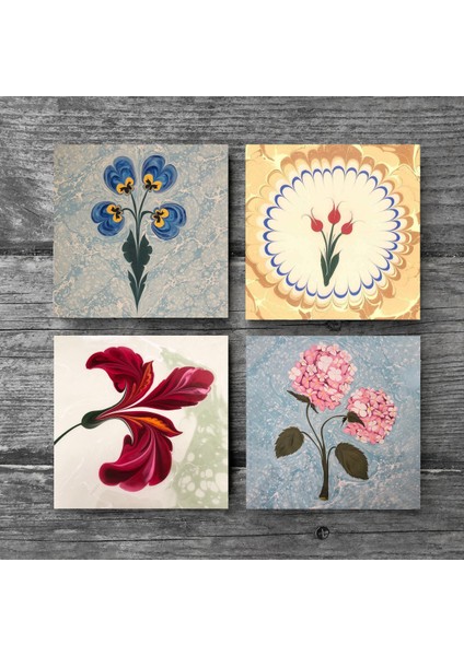 Ebru Sanatı, Pembe Ortanca Çiçeği, Lale Taş Bardak Altlığı Masaüstü Koruyucu Altlık 4 Parça Set 10x10cm Stone Coasters SC576 modelleri