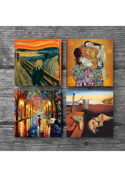 Salvador Dalí Belleğin Azmi, Çığlık, Fenerler, Gustav Klimt Aile Kucaklama Taş Bardak Altlığı – 4’lü Set, 10x10 cm Dekoratif Masaüstü Koruyucu Doğaltaş Altlık |SC577| modelleri