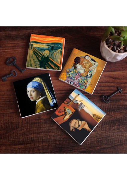 Dalí Belleğin Azmi, Çığlık, İnci Küpeli Kız, Gustav Klimt Aile Kucaklama Taş Bardak Altlığı Masaüstü Koruyucu Altlık 4 Parça Set 10x10cm Stone Coasters SC578