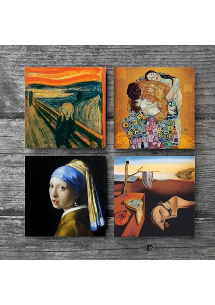 Dalí Belleğin Azmi, Çığlık, İnci Küpeli Kız, Gustav Klimt Aile Kucaklama Taş Bardak Altlığı Masaüstü Koruyucu Altlık 4 Parça Set 10x10cm Stone Coasters SC578 modelleri