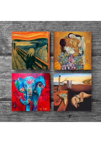 Stone Salvador Dalí Belleğin Azmi, Fil, Çığlık, Gustav Klimt Aile Kucaklama Taş Bardak Altlığı – 4’lü Set, 10x10 cm Dekoratif Masaüstü Koruyucu Doğaltaş Altlık |SC580| modelleri