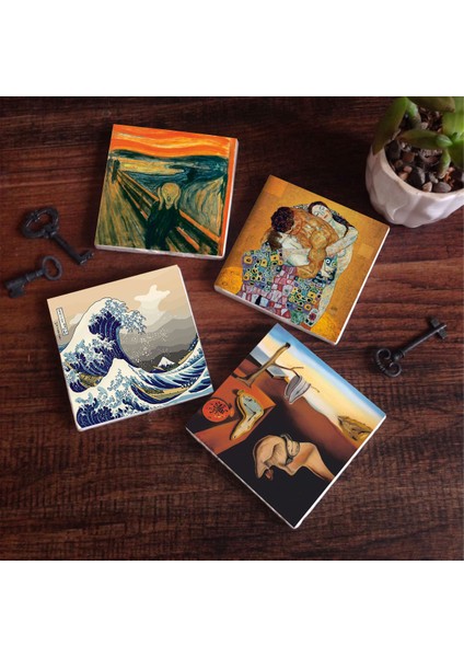 Dalí Belleğin Azmi, Büyük Dalga Japon Sanatı, Çığlık, Gustav Klimt Aile Kucaklama Taş Bardak Altlığı – 4’lü Set, 10x10 cm Dekoratif Masaüstü Koruyucu Doğaltaş Altlık |SC583|