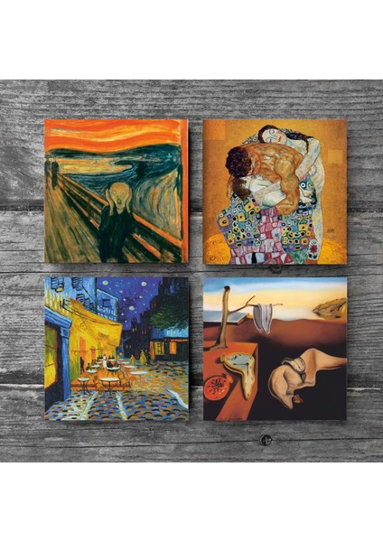 Dalí Belleğin Azmi, Van Gogh Kafe Terasta Gece, Çığlık, Klimt Aile Kucaklama Taş Bardak Altlığı – 4’lü Set, 10x10 cm Dekoratif Masaüstü Koruyucu Doğaltaş Altlık |SC584| modelleri