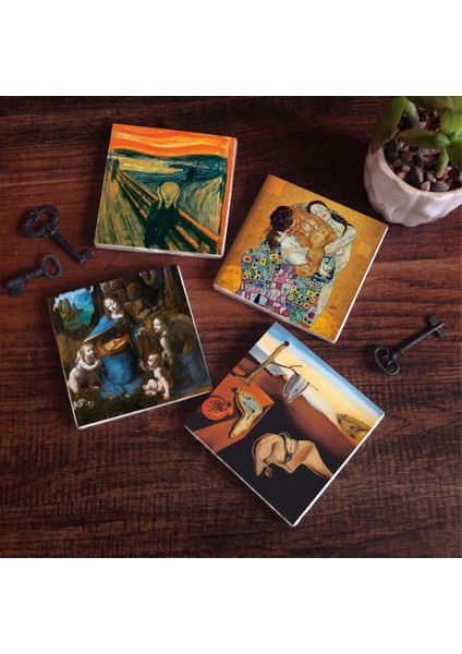 Dalí Belleğin Azmi, Da Vinci Kayalıklar Bakiresi, Çığlık, Klimt Aile Kucaklama Taş Bardak Altlığı – 4’lü Set, 10x10 cm Dekoratif Masaüstü Koruyucu Doğaltaş Altlık |SC585|