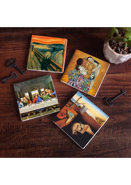 Dalí Belleğin Azmi, Da Vinci Son Akşam Yemeği, Çığlık, Klimt Aile Kucaklama Taş Bardak Altlığı – 4’lü Set, 10x10 cm Dekoratif Masaüstü Koruyucu Doğaltaş Altlık |SC586|