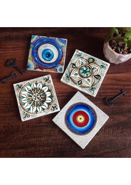 Stone Nazar, Çini Sanatı Taş Bardak Altlığı – 4’lü Set, 10x10 cm Dekoratif Masaüstü Koruyucu Doğaltaş Altlık |SC373|