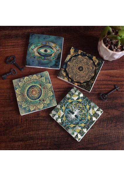 Hayat Ağacı, Mandala, Nazar, Sri Yantra Taş Bardak Altlığı Masaüstü Koruyucu Altlık 4 Parça Set 10x10cm Stone Coasters SC177