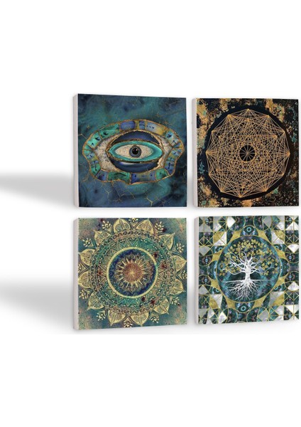 Hayat Ağacı, Mandala, Nazar, Sri Yantra Taş Bardak Altlığı Masaüstü Koruyucu Altlık 4 Parça Set 10x10cm Stone Coasters SC177 fiyatları