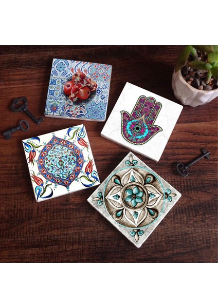 Stone Fatma Ana Eli (Hamsa), Çini Sanatı, Nar Taş Bardak Altlığı – 4’lü Set, 10x10 cm Dekoratif Masaüstü Koruyucu Doğaltaş Altlık |SC178|