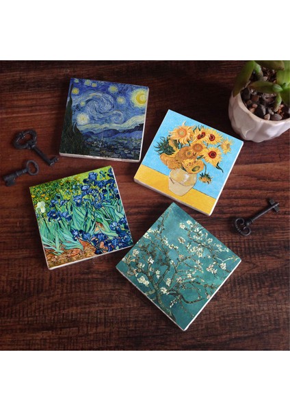 Stone Van Gogh On İki Ayçiçekli Vazo, İrisler, Yıldızlı Gece, Badem Ağacı Taş Bardak Altlığı – 4’lü Set, 10x10 cm Dekoratif Masaüstü Koruyucu Doğaltaş Altlık |SC179|