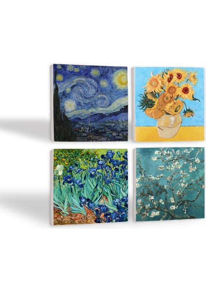 Stone Van Gogh On İki Ayçiçekli Vazo, İrisler, Yıldızlı Gece, Badem Ağacı Taş Bardak Altlığı – 4’lü Set, 10x10 cm Dekoratif Masaüstü Koruyucu Doğaltaş Altlık |SC179| fiyatları