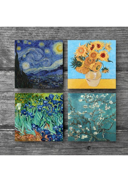 Stone Van Gogh On İki Ayçiçekli Vazo, İrisler, Yıldızlı Gece, Badem Ağacı Taş Bardak Altlığı – 4’lü Set, 10x10 cm Dekoratif Masaüstü Koruyucu Doğaltaş Altlık |SC179| modelleri