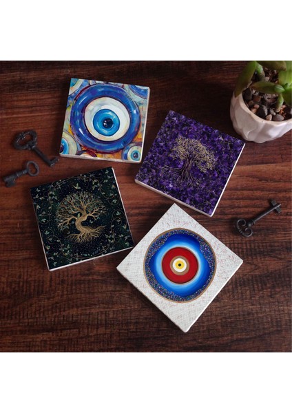Stone Nazar, Hayat Ağacı Taş Bardak Altlığı – 4’lü Set, 10x10 cm Dekoratif Masaüstü Koruyucu Doğaltaş Altlık |SC378|