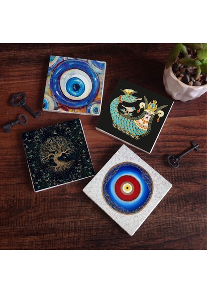 Nazar, Hayat Ağacı, Şahmeran Taş Bardak Altlığı – 4’lü Set, 10x10 cm Dekoratif Masaüstü Koruyucu Doğaltaş Altlık |SC379|