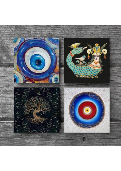 Nazar, Hayat Ağacı, Şahmeran Taş Bardak Altlığı – 4’lü Set, 10x10 cm Dekoratif Masaüstü Koruyucu Doğaltaş Altlık |SC379| modelleri